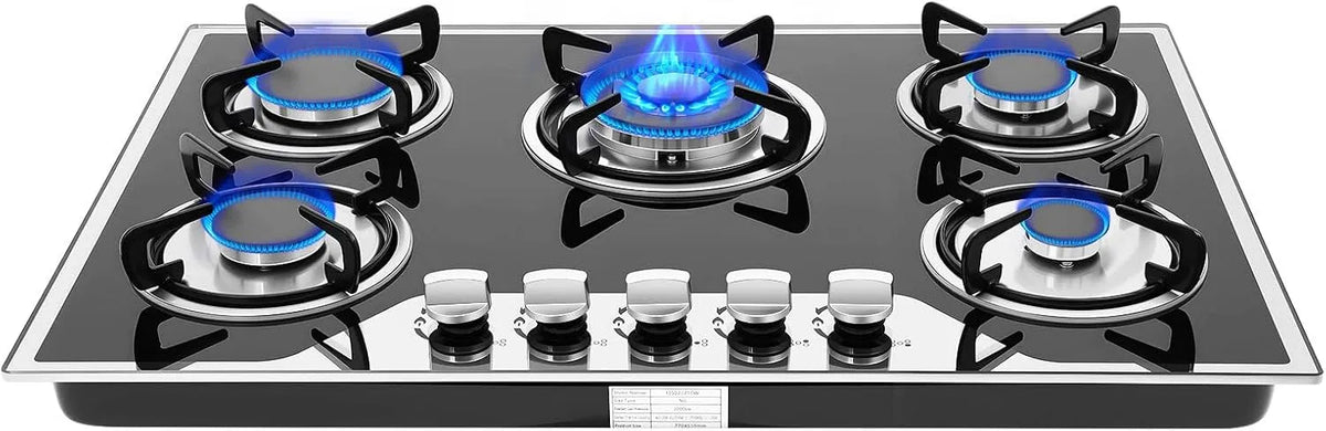 Plaque de cuisson à gaz, 77cm, 5 foyers, encastrable, gril, fonte, table de cuisson à gaz, 5 Brûleurs Puissants, Double Alimentation NG, LPG, Allumage