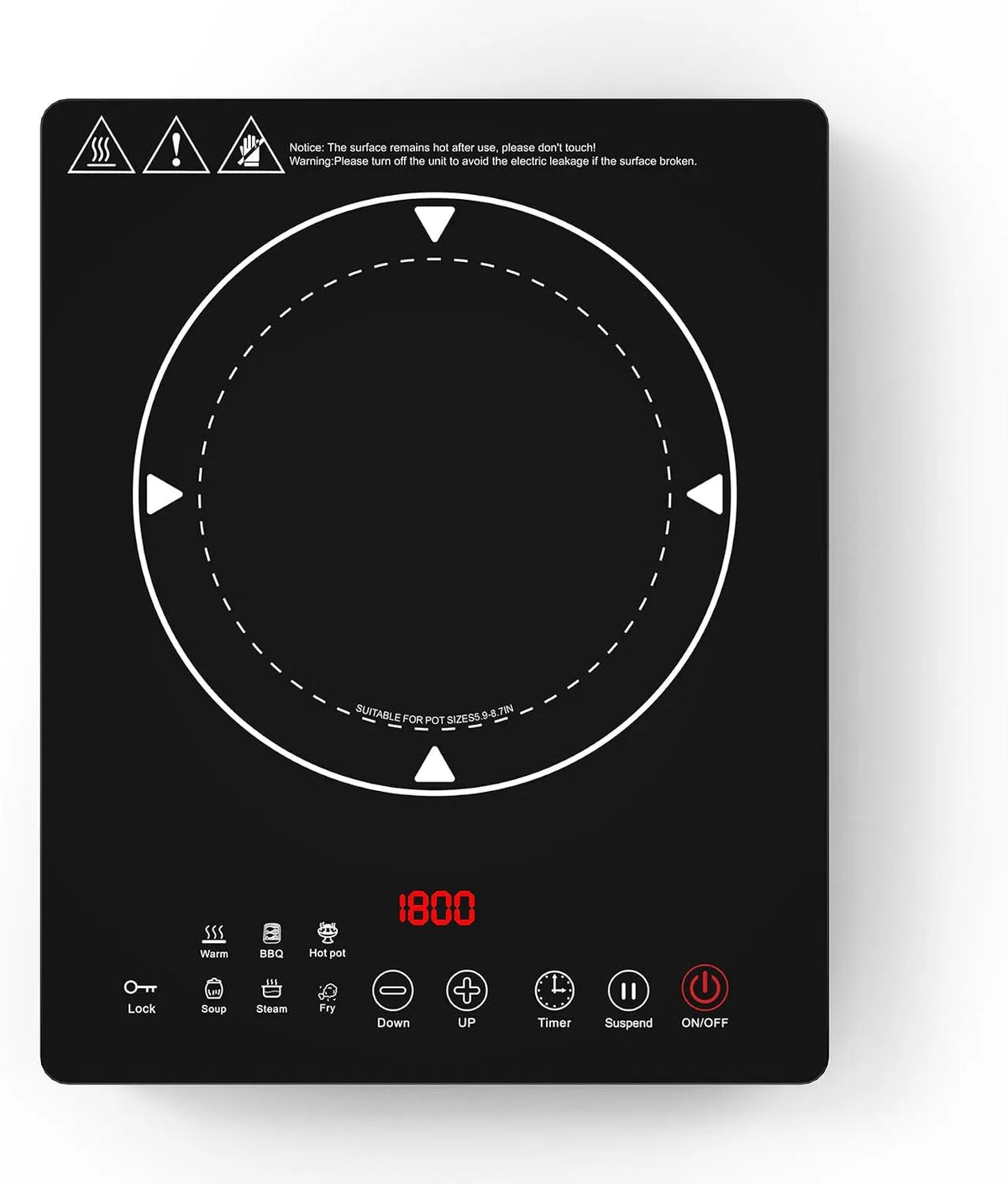 Plaque à induction, 1800 W, 220 V, table de cuisson à induction, tactile, minuteur, portable, écran LCD, 9 niveaux et minuterie 4 heures, VBGK plaque