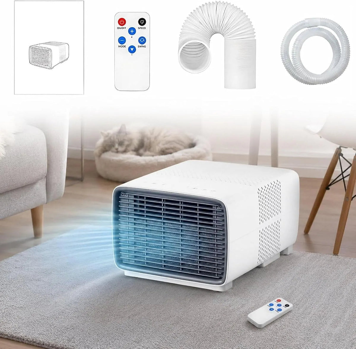 Climatiseur 12H, 280 W, 45 dB, portable, minuteur, silencieux, 3 en 1 Refroidissement Déshumidification Ventilation, Timer 12H, Mini Climatiseur