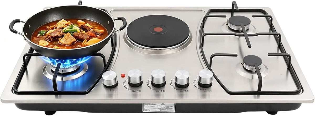 Cuisinière à gaz avec four électrique, 5 foyers, encastrable, acier inoxydable, montage sur plan ou encastré, Table 5 feux, 75, 0 kW, 1.0 kW