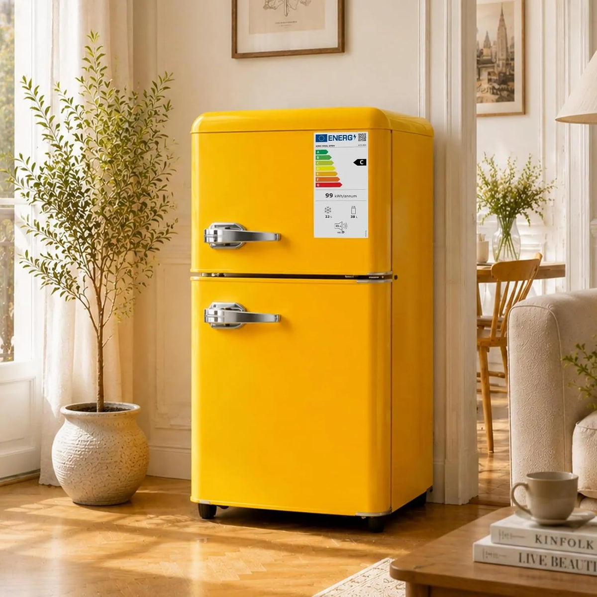 Congélateur, 60 L, 41×45×89 cm, 0 à 10 °C, 45 dB, décoration de salon, silencieux, -18°C freezer, LED, 7 niveaux 0-10°C, Jaune, étagères réglables