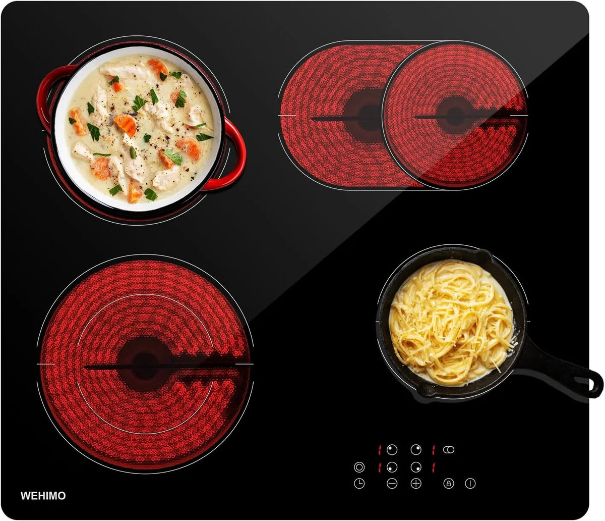 Plaque vitrocéramique, 60cm, 7200 W, encastrable, minuteur, 9 Niveaux de Puissance, Espace de cuisson multifonctionnel