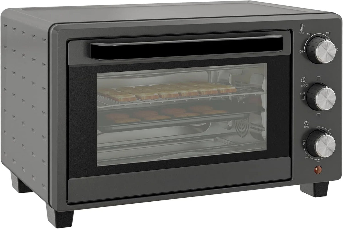 Four électrique à pizza, 21 L, 1400 W, 100 à 230 °C, gril, compact, gris, grille, Incl. ramasse-miettes, plaque de cuisson, mini four