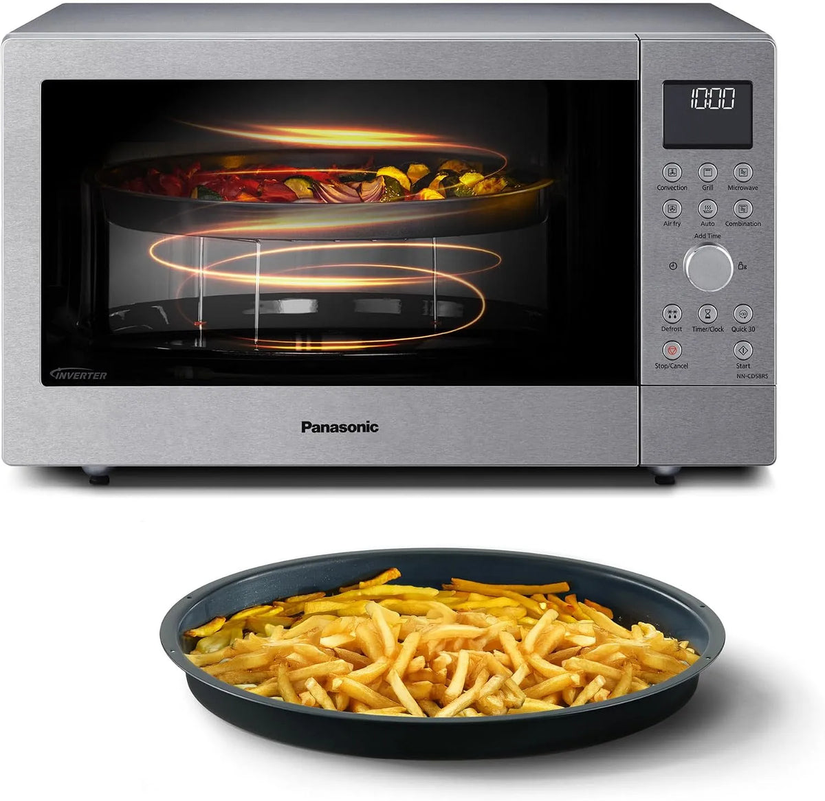 Panasonic NN-CD58RSEPG 4-en-1 Micro-ondes, 27 L, 1000/1300 W, 19 programmes, gril, Inverter, acier inoxydable, four micro-ondes, Bouton rotatif