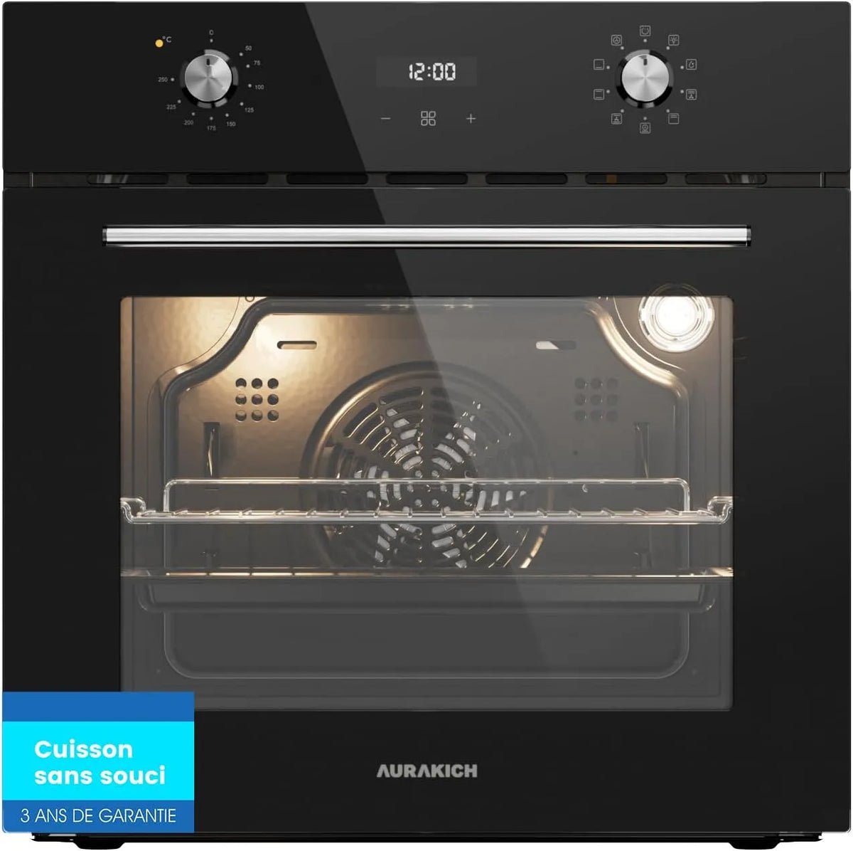 Four électrique, 60 cm, 70 L, classe énergétique E, encastrable, minuteur, verrouillage, noir, garantie 3 ans, 8 modes de cuisson, chaleur tournante