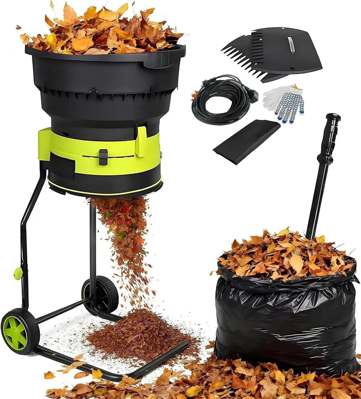 30M Sac de Rangement, Râteau à Feuilles, pour Broyeur de Feuilles Électrique pour Jardin, Broyeur à Compost de 2500 W avec Roues, Entonnoir de 54 cm
