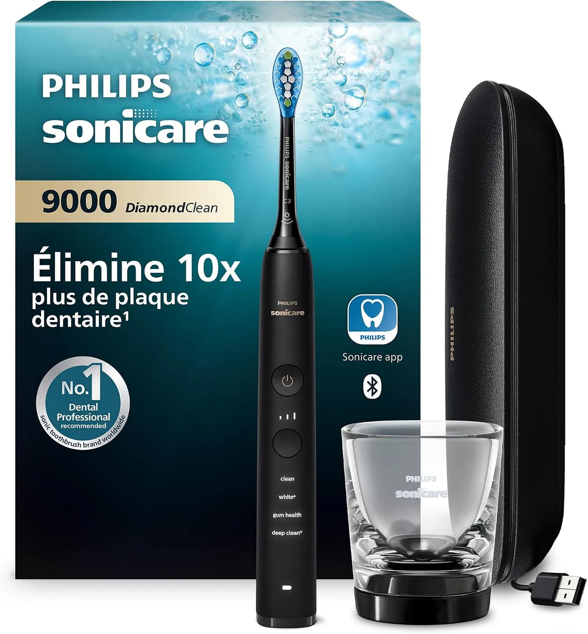 Philips HX9911/09 capteur, Brosse, brosse à dents rechargeable, application, 3 niveaux, dalle IPS, USB, 4 modes, noir, verre